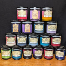 Load image into Gallery viewer, A stack of 18 custom candle orders all featuring different label and colour options.