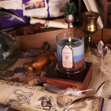 Load image into Gallery viewer, A scented candle labeled 'Davrin's Blend' with metallic silver wax on top, pouring into layers of powder blue and leather brown. The candle is set in a glass jar and placed on a surface with dragon motifs, surrounded by feathers and a dragon figurine.