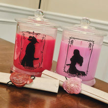 Load image into Gallery viewer, A duo of custom candles inspired by Final Fantasy 14 characters Azarashi and Bridgette and their matching care scrolls.
