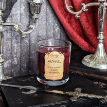 Load image into Gallery viewer, A custom candle made from black and deep red wax. The label reads "Raphael - Black Cherry - Pepper - Palmarosa'